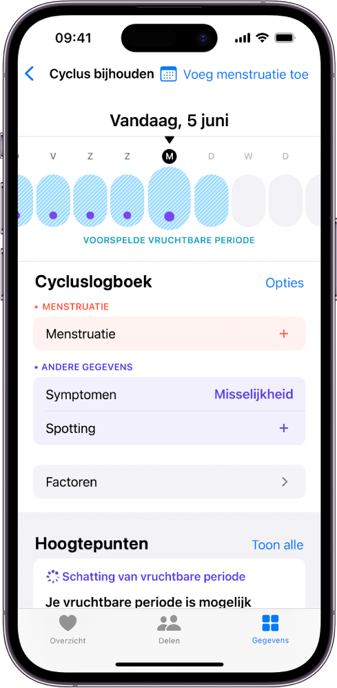 Het scherm 'Cyclus bijhouden', met bovenaan een tijdbalk met een geschatte vruchtbare periode. Onder de tijdbalk zie je opties voor het toevoegen van gegevens over onder andere je menstruatie en symptomen.