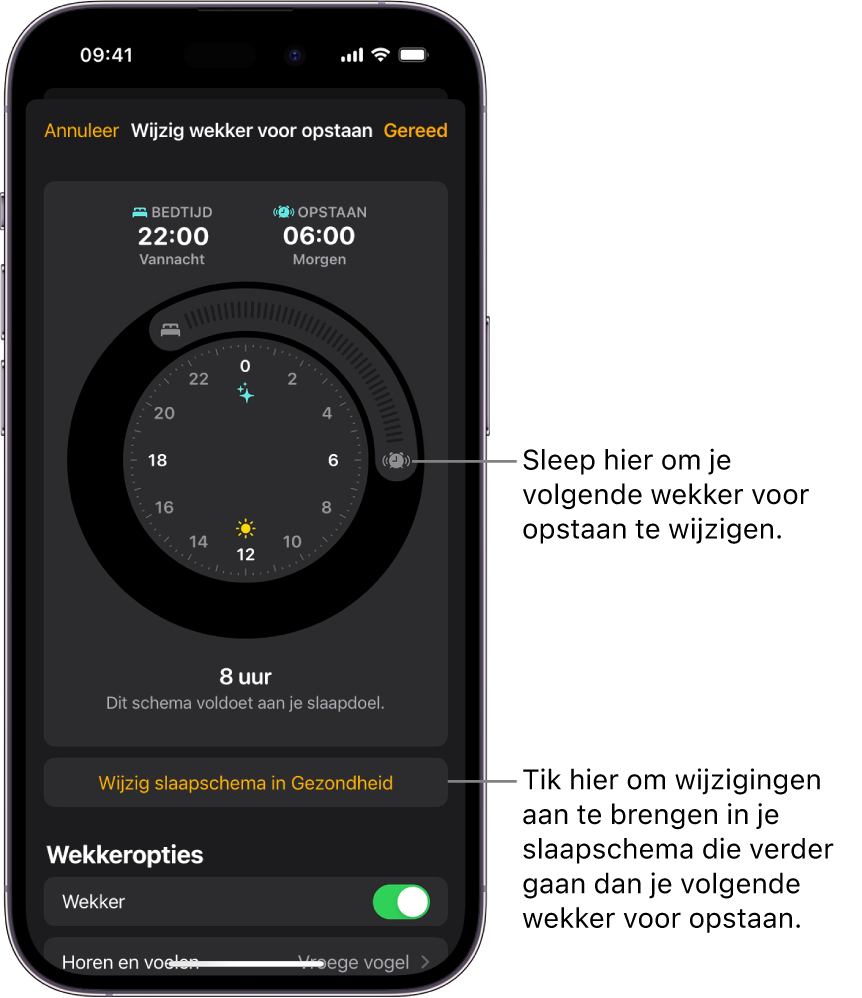 Een scherm voor het wijzigen van de wekker voor opstaan voor morgen, met knoppen voor het wijzigen van de bedtijd en wektijd, een knop voor het wijzigen van het slaapschema in de Gezondheid-app en een knop voor het in- of uitschakelen van de wekker voor opstaan.