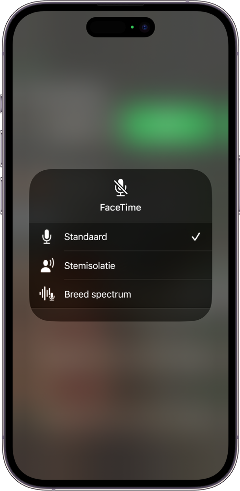 De modusinstellingen van het bedieningspaneel voor FaceTime-gesprekken, met de audio-instellingen 'Standaard', 'Stemisolatie' en 'Breed spectrum'.