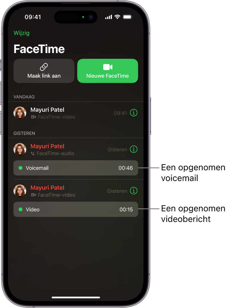 De gespreksgeschiedenis met links naar een opgenomen videobericht en een voicemail.