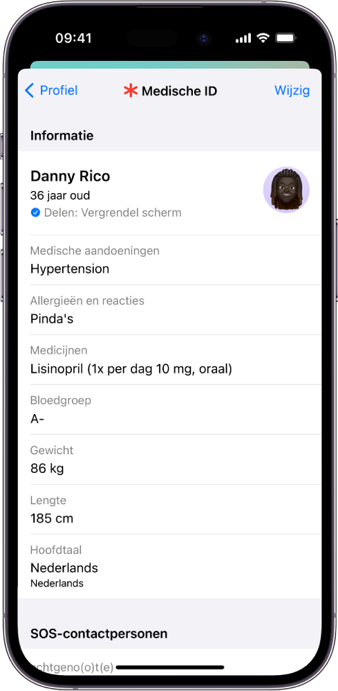 Een scherm van je medische ID met gegevens zoals geboortedatum, medische aandoeningen, medicatie en een contact voor noodgevallen.