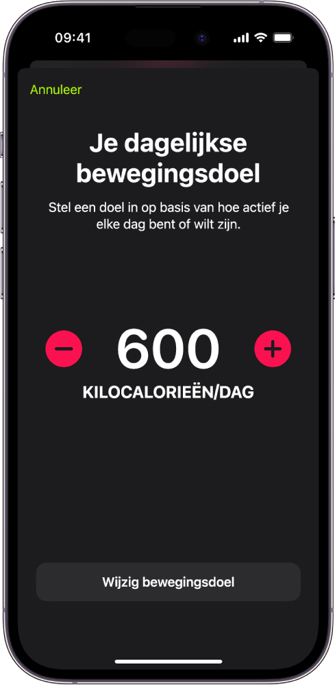 Het scherm 'Dagelijks bewegingsdoel', met een bewegingsdoel en knoppen om het doel naar boven of beneden bij te stellen.