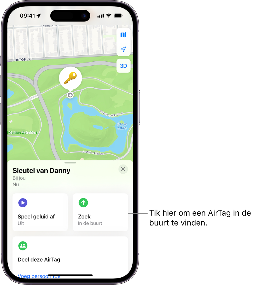 De Zoek mijn-app, waarin de sleutels van Dennis in Golden Gate Park te zien zijn. Tik op de knop 'Zoek' om een AirTag in de buurt terug te vinden.