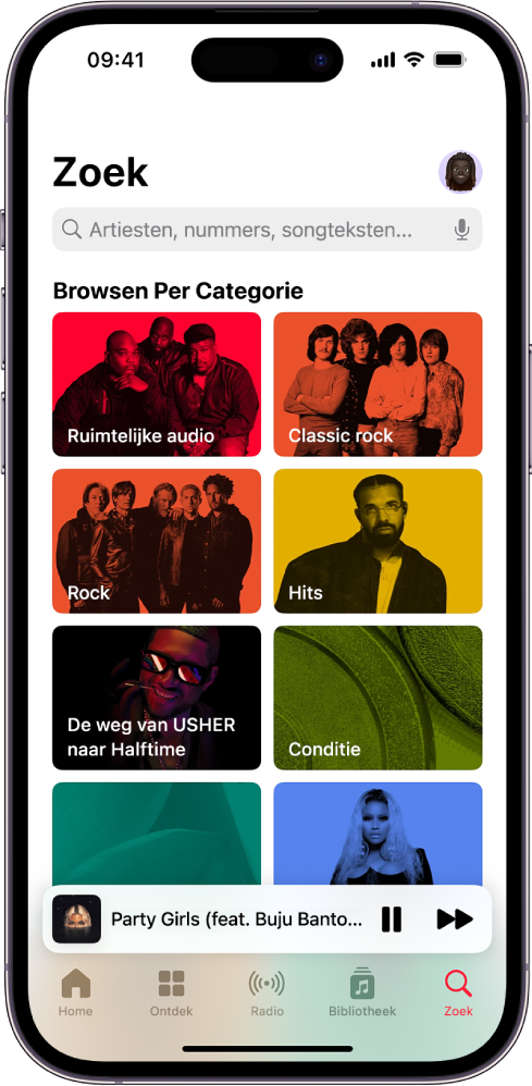 Het Zoek-scherm met bovenin een zoekveld. In het gedeelte 'Browsen per categorie' eronder staan acht categorieën.
