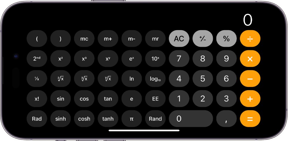 iPhone in liggende schermstand met de wetenschappelijke rekenmachine voor exponentiële, logaritmische en trigonometrische functies.