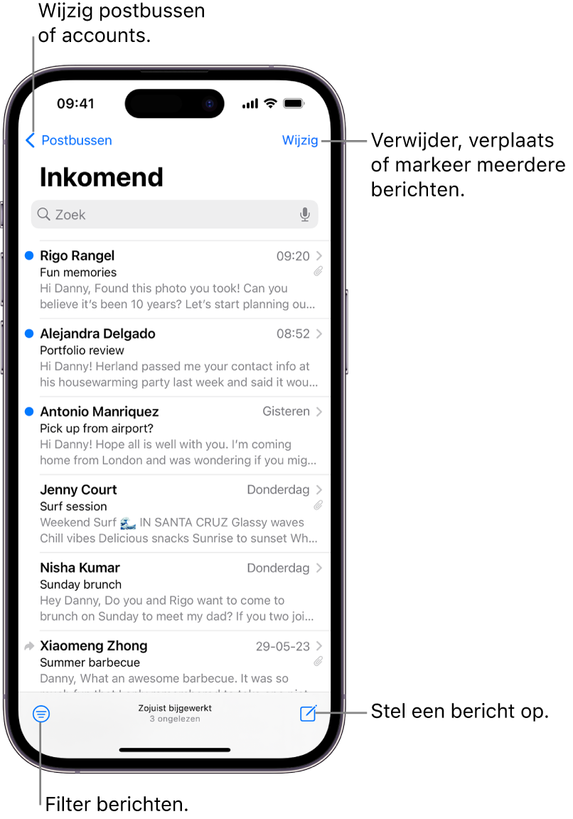 De postbus 'Inkomend' van Mail met een lijst met e‑mails.