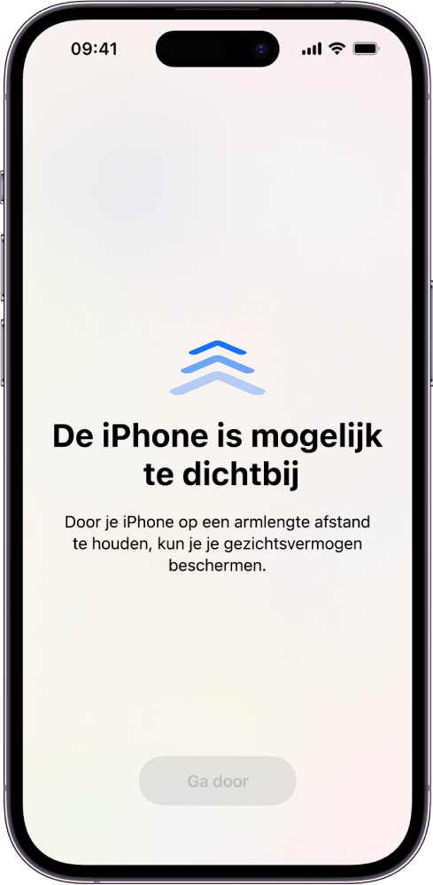 Een schermwaarschuwing dat je de iPhone te dicht bij je gezicht houdt en dat je deze verder weg moet houden om je ogen te beschermen. De waarschuwing bedekt het hele scherm en blokkeert verder gebruik. De knop 'Ga door' wordt actief als je de iPhone op een veiligere afstand houdt.