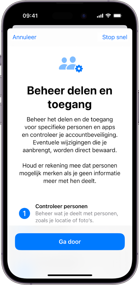 Het scherm 'Beheer delen en toegang', met informatie over hoe de functie werkt. Onderin zie je de knop 'Ga door'.