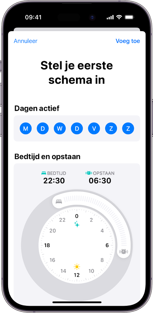 Het scherm 'Stel je eerste schema in' in Gezondheid, met een gedeelte 'Dagen actief' en een klok voor Bedtijd en Opstaan.