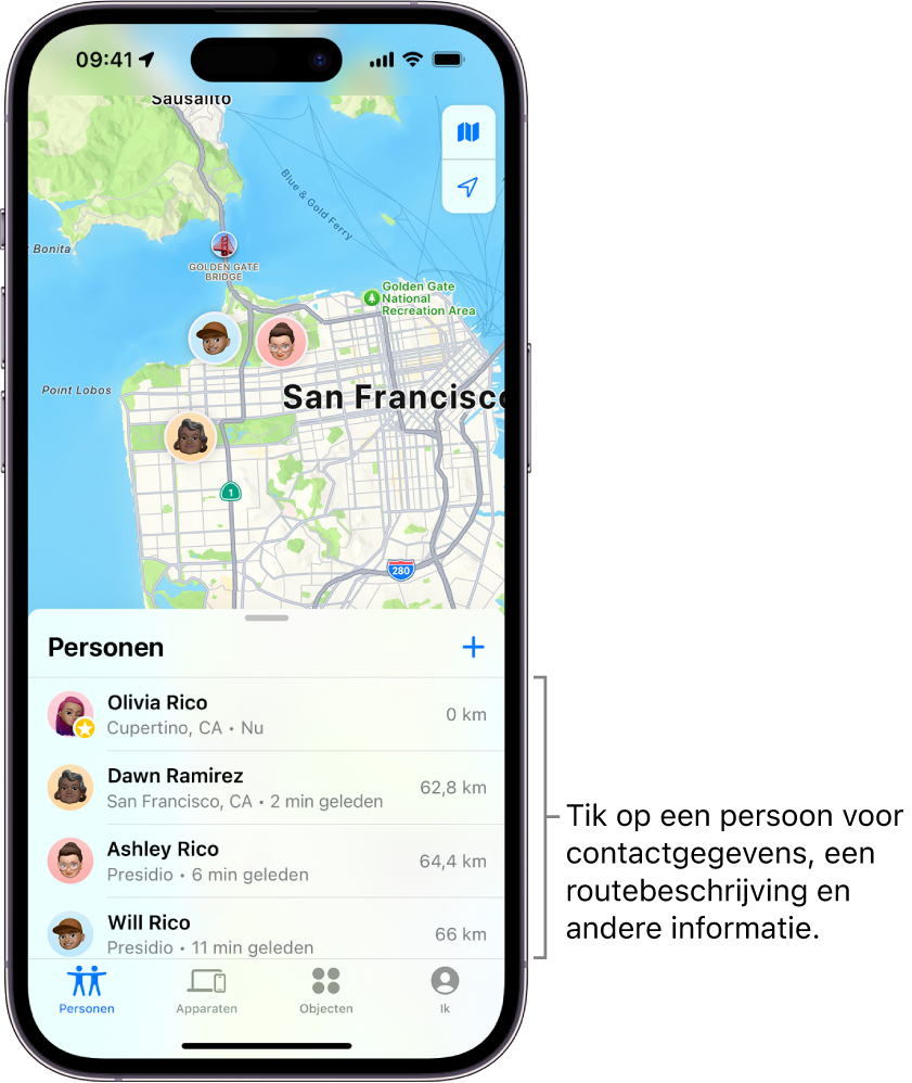 Het Zoek mijn-scherm waarin de lijst 'Personen' is geopend. Er staan vier personen in de lijst: Olivia Rico, Dawn Ramirez, Ashley Rico en Will Rico. Tik op de knop met het plusteken bovenaan de lijst 'Personen' om je locatie te delen.