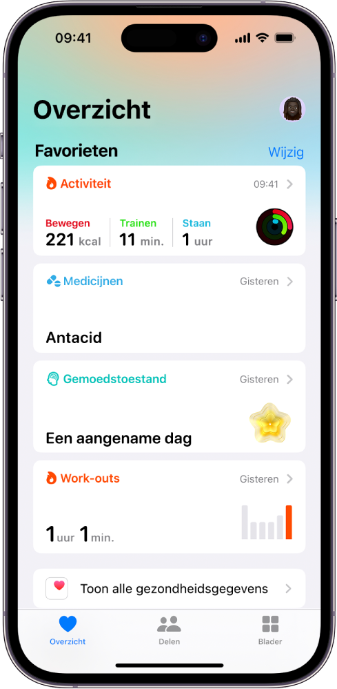 Het overzichtsscherm in Gezondheid. Informatie over activiteit, medicatie en gemoedstoestand en work-outs wordt onder 'Favorieten' weergegeven.