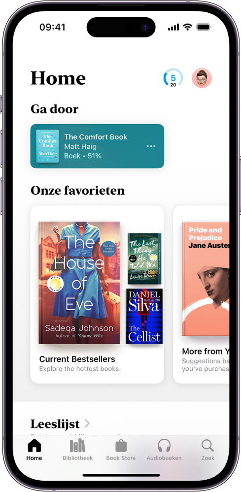 Het scherm 'Home' in de Boeken-app. Onder in het scherm staan van links naar rechts de tabs 'Home', 'Bibliotheek', 'Book Store', 'Audioboeken' en 'Zoek'. De tab 'Home' is geselecteerd.
