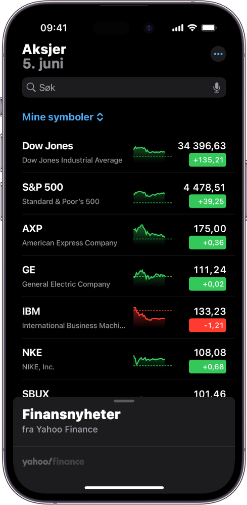 En liste i Aksjer-appen som viser en liste med forskjellige aksjer. Hver aksje i listen viser, fra venstre til høyre, aksjesymbolet og -navnet, en ytelseskurve, aksjeprisen og prisendringen. Øverst på skjermen over Mine symboler-listen vises søkefeltet. Nederst på skjermen vises Finansnyheter. Sveip opp på Finansnyheter for å vise saker.