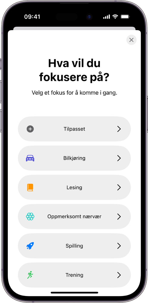 En konfigureringsskjerm for Fokus for ett av Fokus-valgene, inkludert Tilpasset, Bilkjøring, Trening, Spilling, Oppmerksomt nærvær og Lesing.