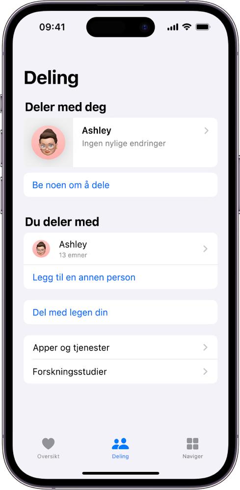 Deling-skjermen i Helse-appen.