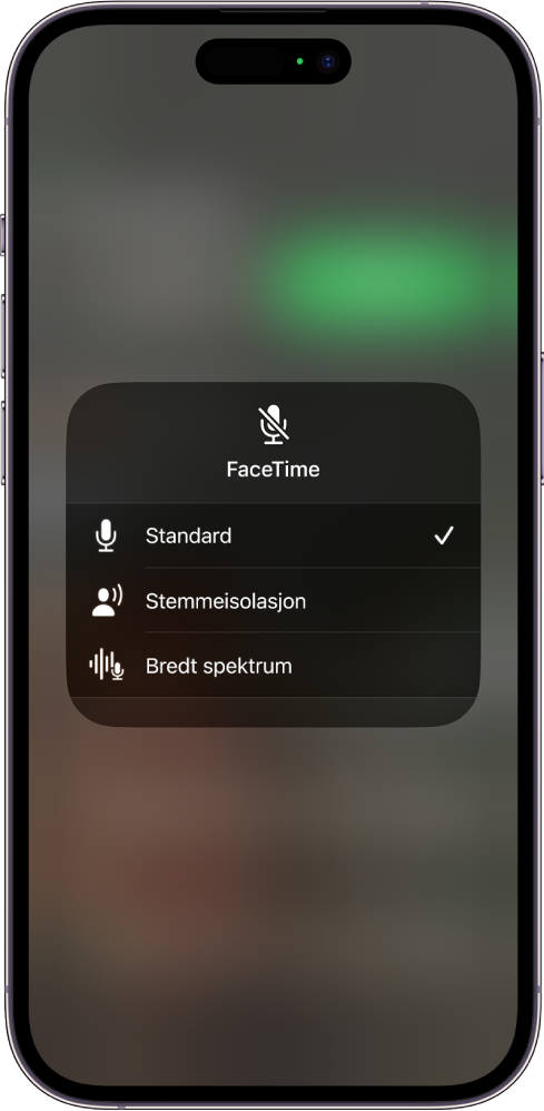 Mikrofon-innstillingene for FaceTime-samtaler i Kontrollsenter viser lydinnstillingene Standard, Stemmeisolasjon og Bredt spektrum.