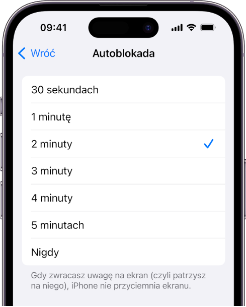 Ekran autoblokady z ustawieniami czasu, po którym iPhone ma się automatycznie zablokować.