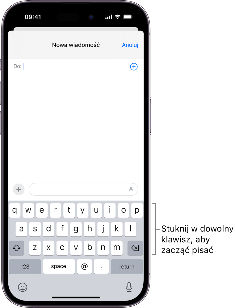 Pusta wiadomość email otwarta w aplikacji Poczta. Dolną połowę ekranu zajmuje klawiatura ekranowa.