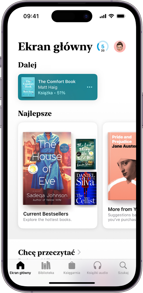 Ekran główny w aplikacji Książki. Na dole ekranu (od lewej do prawej) znajdują się karty: Ekran główny, Biblioteka, Księgarnia, Książki audio i Szukaj. Zaznaczona jest karta Ekran główny.