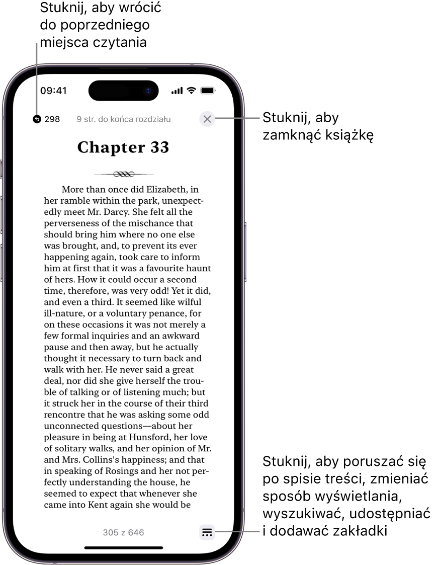Strona książki w aplikacji Książki. Na górze ekranu widoczne są przyciski pozwalające na powrót do strony, od której rozpoczęto czytanie, oraz na zamknięcie książki. W prawym dolnym rogu ekranu znajduje się przycisk Menu.