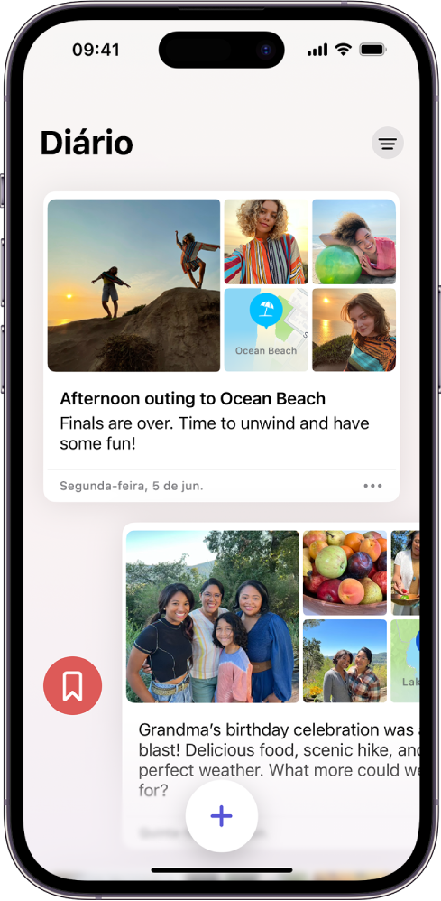 Tela mostrando entradas do diário. Uma entrada é passada para a direita e mostra o botão Adicionar aos Favoritos.