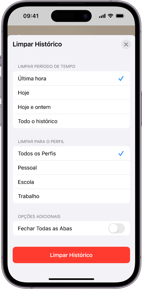 O menu Limpar Histórico. Abaixo de Limpar Período de Tempo, Última Hora está selecionado. A opção Todos os Perfis está selecionada abaixo de Limpar para o Perfil. O botão Limpar Histórico está na parte inferior da tela.