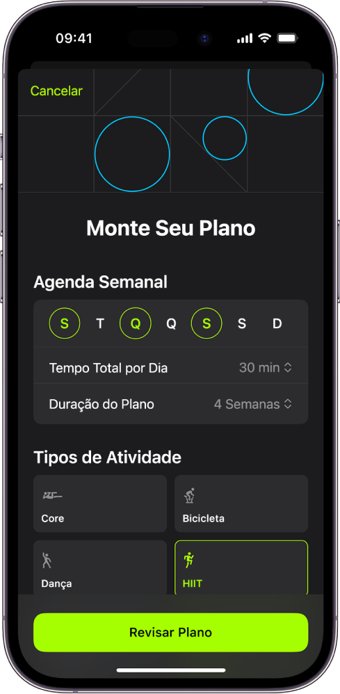 Tela de Plano Personalizado mostrando ajustes para escolha da agenda semanal e duração do plano. Os tipos de atividades disponíveis e o botão para revisar o Plano Personalizado estão na parte inferior da tela.