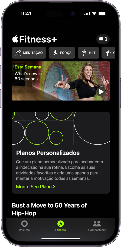 Tela do Apple Fitness  mostrando diversos tipos de treinos disponíveis e uma área onde você pode montar um Plano Personalizado.