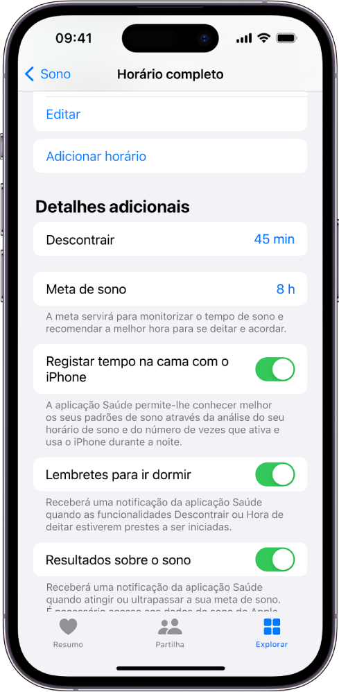 A parte “Detalhes adicionais” do ecrã “Horário completo”