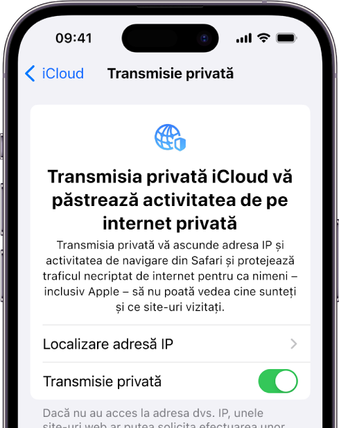 Ecranul Configurări pentru activarea sau dezactivarea transmisiunii private.