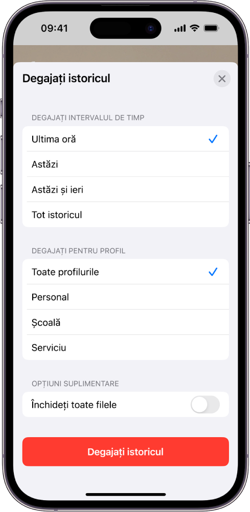 Meniul Degajați istoricul. Sub Degajați intervalul de timp, este selectată opțiunea Ultima oră. Sub Degajați pentru profil este selectată opțiunea Toate profilurile. Butonul Degajați istoricul este în partea de jos a ecranului.