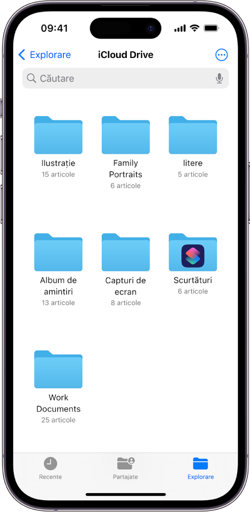 Aplicația Fișiere afișează mai multe dosare iCloud Drive numite Ilustrații, Portrete de familie, Scrisori, Album de amintiri, Capturi de ecran, Scurtături și Documente serviciu. În partea de jos a ecranului se află butoane pentru fișiere Recente, fișiere Partajate și fila Explorare.