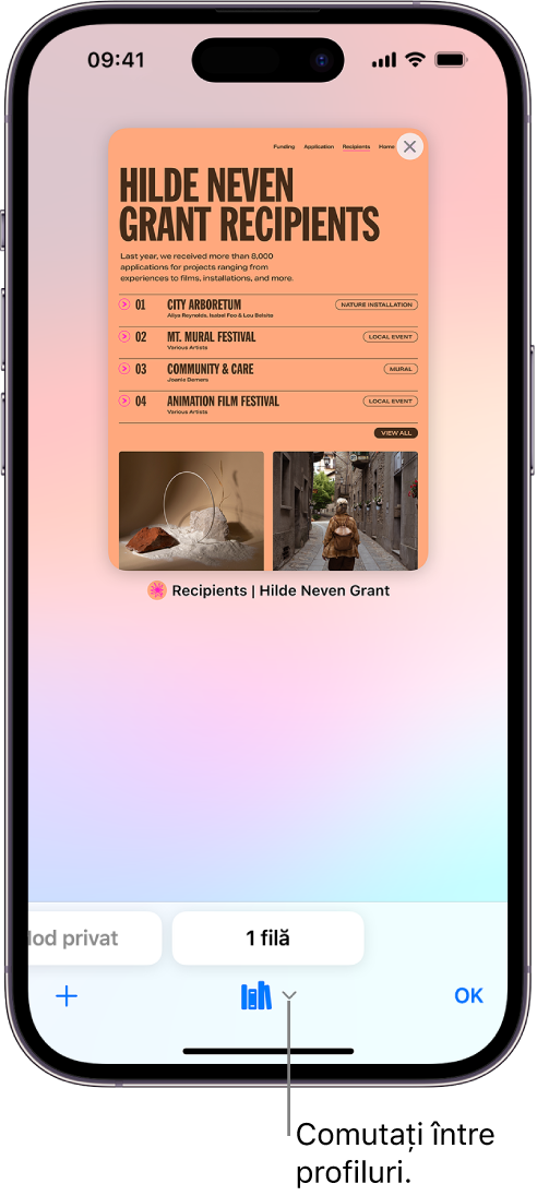 Ecranul unui iPhone afișând o filă deschisă în Safari. Pictograma unui profil Safari este în partea de jos a ecranului. Apăsați pe pictogramă pentru a comuta între profiluri.