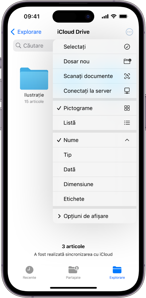 Aplicația Fișiere cu butonul Mai multe selectat. În meniul vizibil se află opțiunile Selectați, Dosar nou, Scanați documente și Conectați la server. Sub acestea sunt opțiuni pentru vizualizarea articolelor de pe ecran ca pictograme sau ca listă. În partea de jos sunt opțiuni de sortare după Nume, Tip, Dată, Dimensiune și Etichete, urmate de Opțiuni de afișare.