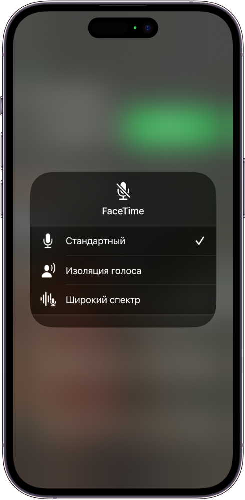 Настройки режима микрофона в Пункте управления для вызовов FaceTime: настройки звука «Стандартное», «Изоляция голоса» и «Широкий спектр».