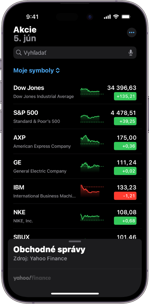 Zoznam sledovaných akcií v apke Akcie s rôznymi akciami. V rámci každej akcie sa zľava doprava zobrazujú symbol a názov akcie, graf výkonnosti, cena akcií a zmena ceny. V hornej časti obrazovky sa nad zoznamom sledovaných akcií Moje symboly nachádza vyhľadávacie pole. V dolnej časti obrazovky sú Obchodné správy. Potiahnutím časti Obchodné správy nahor sa zobrazia články.