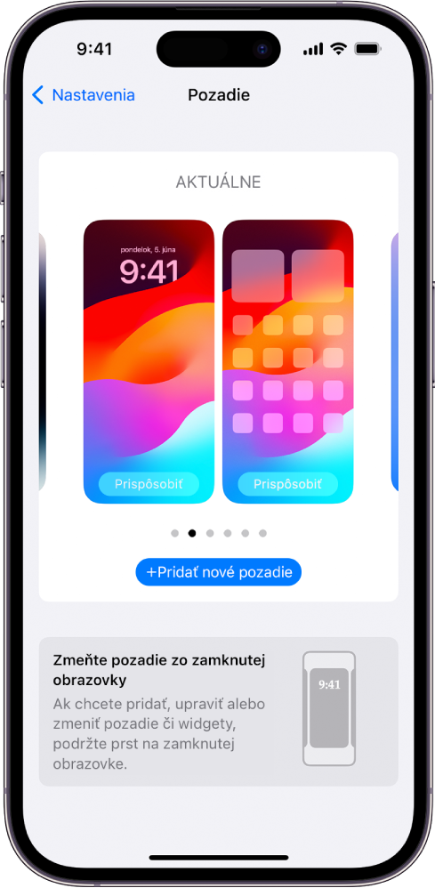 Obrazovka Nastavenia pozadia s tlačidlami na prispôsobenie aktuálneho pozadia na ploche a zamknutej obrazovke a tlačidlom Pridať nové pozadie na zmenu pozadia.