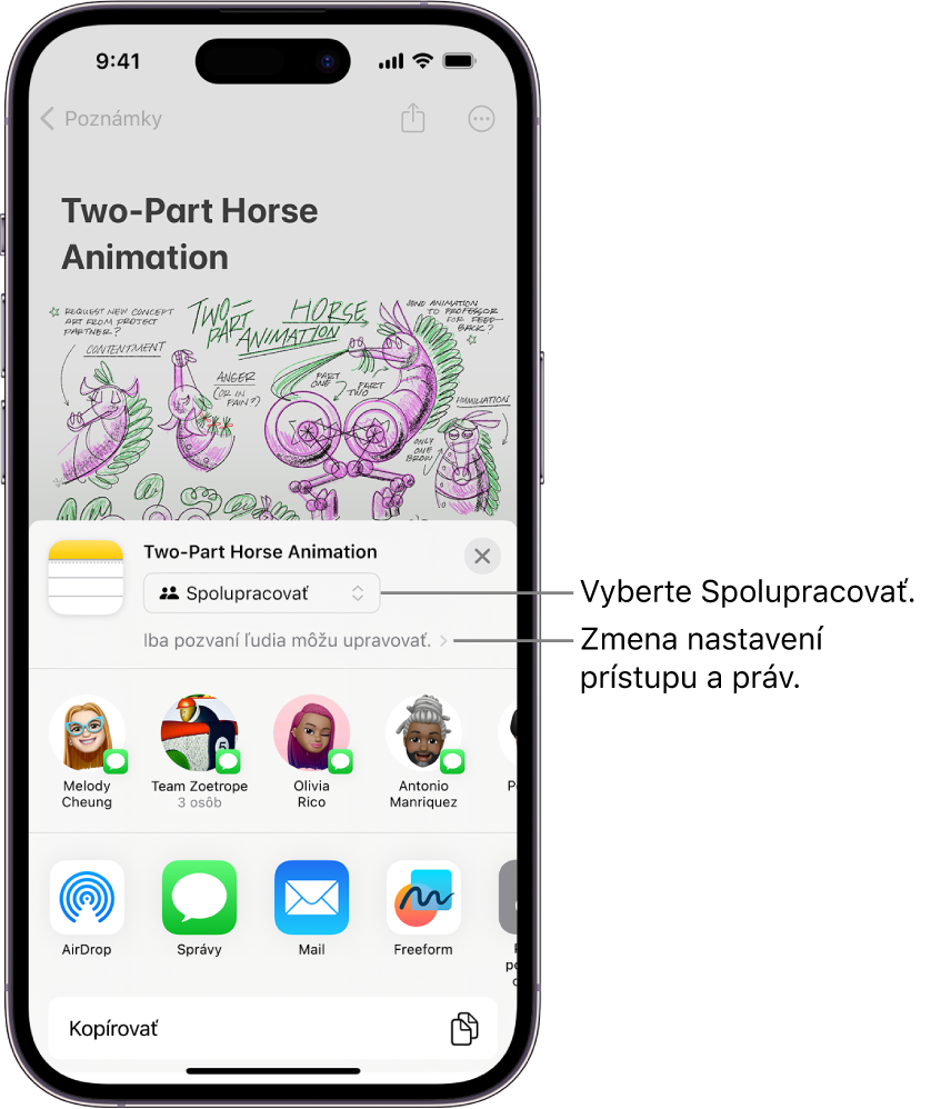 Pozvánka na spoluprácu na kresbe v apke Poznámky so zobrazenou možnosťou zdieľania Spolupracovať a s prístupom a oprávneniami nastavenými na „Upravovať môžu len pozvaní“. Pod týmito možnosťami sa nachádza riadok so štyrmi možnými príjemcami, medzi ktorými je aj jedna skupina. Dolný riadok ponúka rôzne spôsoby zdieľania poznámky: AirDrop, Správy, Mail a Freeform.