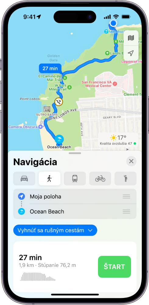 Mapa zobrazujúca pešiu trasu. Na karte trasy v dolnej časti sú uvedené podrobnosti trasy vrátane odhadovaného času cesty a zmien prevýšenia. Napravo od podrobností je tlačidlo Štart.