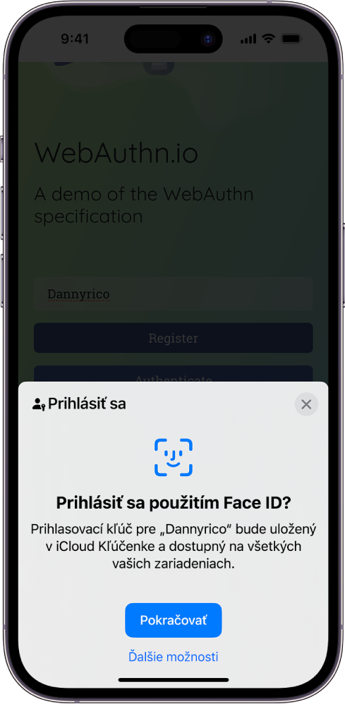 Na spodnej polovici obrazovky iPhonu je zobrazená možnosť použiť prihlasovacie kľúče na prihlásenie na webstránke. Pomocou tlačidla Pokračovať môžete uložiť prihlasovací kľúč a zobrazené je aj tlačidlo Ďalšie možnosti.