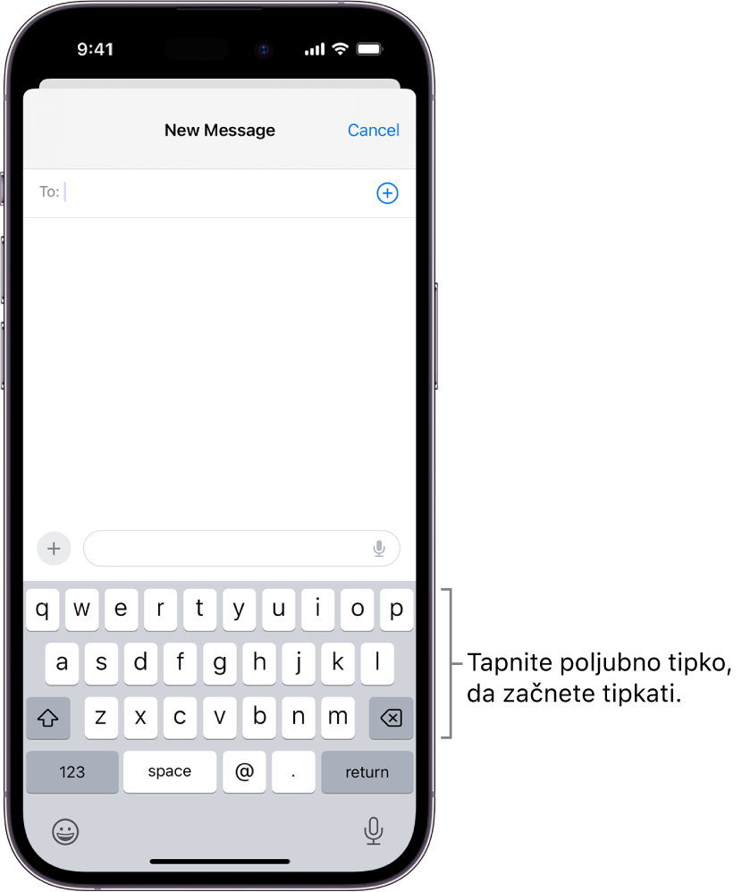 V aplikaciji Mail je odprto prazno e-poštno sporočilo. Tipkovnica na zaslonu je v spodnji polovici zaslona.