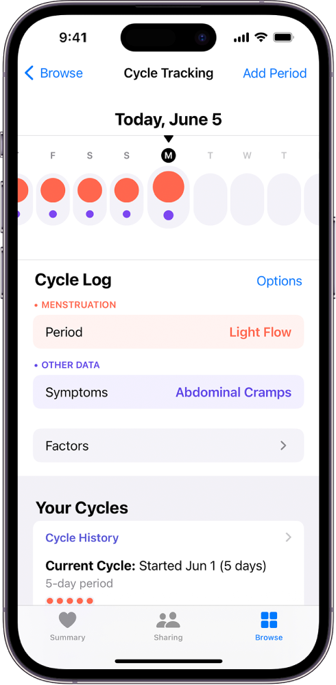 Ekrani Cycle Tracking duke shfaqur kronologjinë për një javë në krye të ekranit. Rrathët e plotë me ngjyrë të kuqe dhe pikat me ngjyrë vjollcë shënojnë 5 ditët e para te vija kohore. Poshtë kronologjisë janë opsionet për të shtuar informacion rreth periodave, simptomave etj.