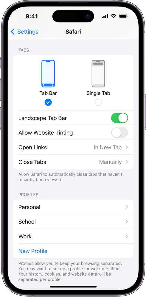 Një ekran që shfaq dy opsione të strukturës së Safari: Tab Bar dhe Single Tab.