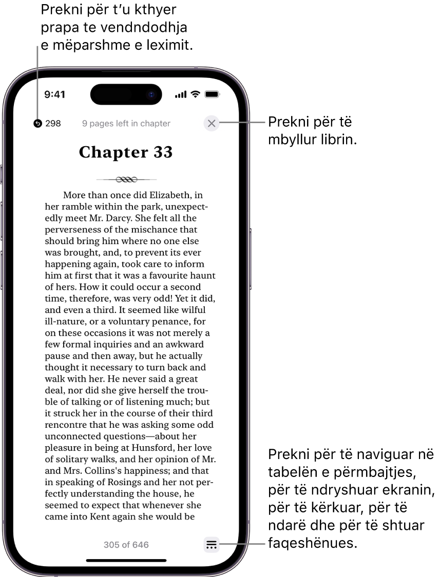 Një faqe e një libri në aplikacionin Books. Në krye të ekranit janë butonat për kthimin në faqen në të cilën keni filluar të lexoni dhe për mbylljen e librit. Në fund të djathtë të ekranit është butoni Menu.