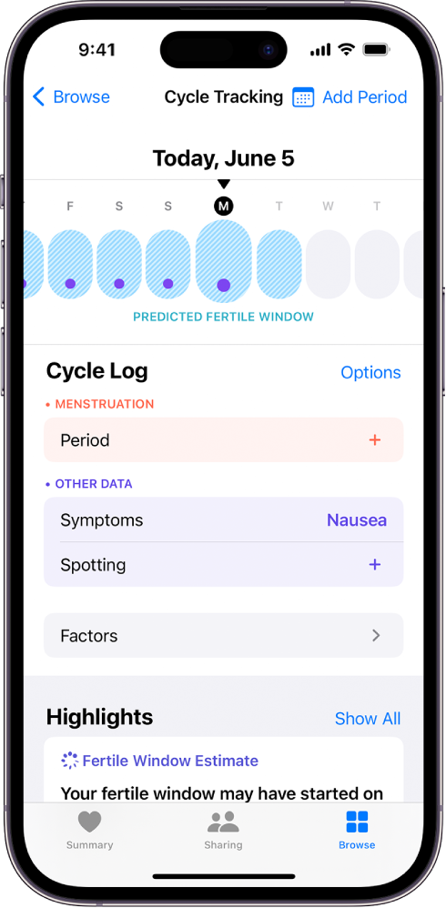 Екран Cycle Tracking са временском линијом близу врха екрана која приказује процену плодних дана. Испод временске линије су опције за додавање информација о менструацијама, симптомима и другом.