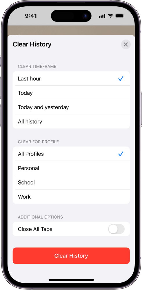 Мени Clear History. Испод Clear Timeframe је изабрана ставка Last hour. Испод Clear For Profile је изабрана ставка All Profiles. На дну екрана је дугме Clear History.
