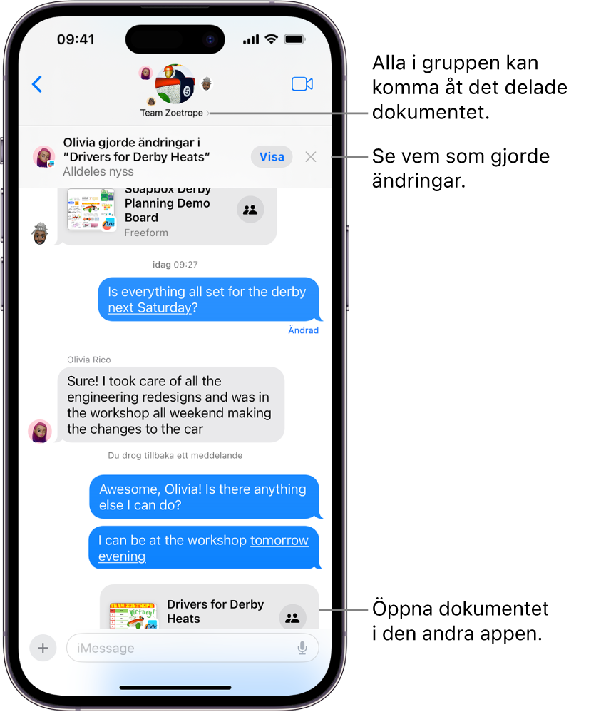 En gruppkonversation i Meddelanden, inklusive en samarbetsinbjudan och uppdateringar högst upp i konversationsfönstret.