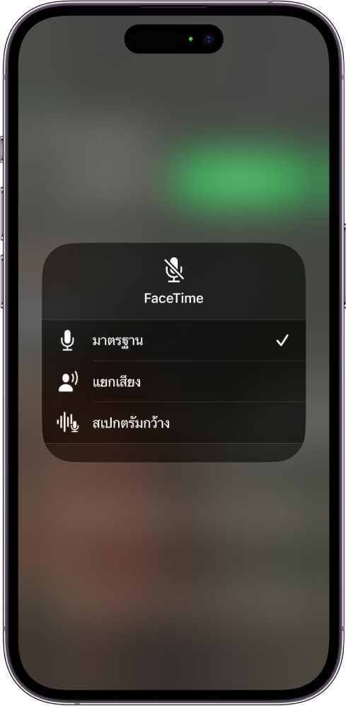 การตั้งค่าโหมดไมค์ในศูนย์ควบคุมสำหรับการโทร FaceTime ที่แสดงมาตรฐาน แยกเสียง และสเปกตรัมกว้างในการตั้งค่าเสียง