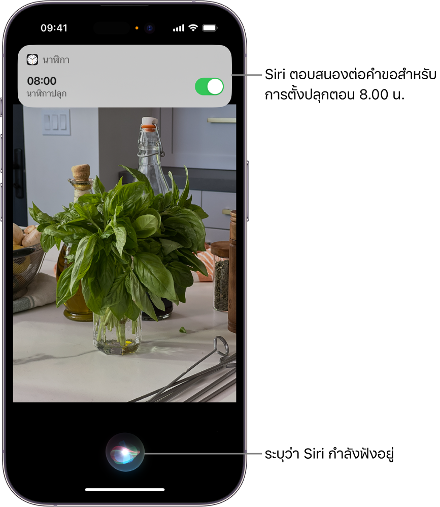 หน้าจอ iPhone จากบริเวณด้านบนสุดของหน้าจอ การแจ้งเตือนจากแอปนาฬิกาแสดงให้เห็นว่าการตั้งปลุกถูกเปิดใช้อยู่สำหรับเวลา 8.00 น. ไอคอนที่ด้านล่างสุดของหน้าจอระบุว่า Siri กำลังฟังอยู่
