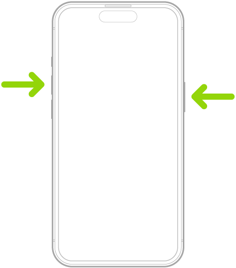 iPhone ที่มี Face ID หนึ่งลูกศรชี้ไปที่ปุ่มด้านข้างและอีกลูกศรชี้ไปที่ปุ่มเพิ่มเสียงเพื่อสาธิตวิธีถ่ายภาพหน้าจอ